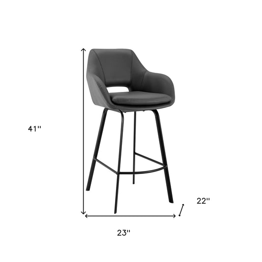 30" Gray on Black Faux Leather Comfy Swivel Bar Stool
