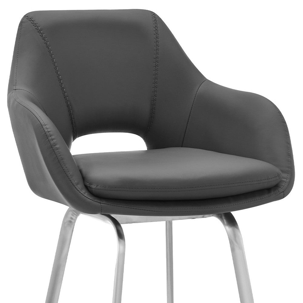 26" Gray on Stainless Faux Leather Comfy Swivel Counter Stool
