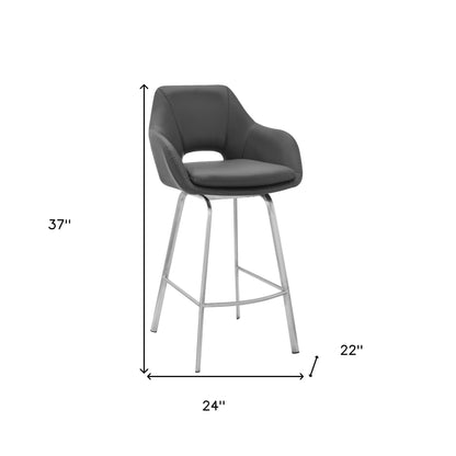 26" Gray on Stainless Faux Leather Comfy Swivel Counter Stool