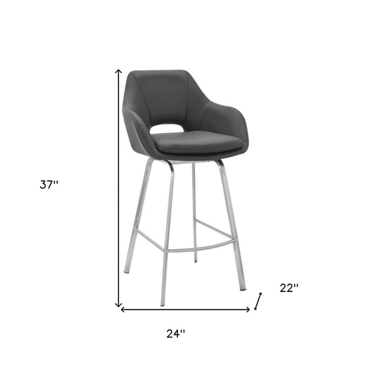 26" Gray on Stainless Faux Leather Comfy Swivel Counter Stool