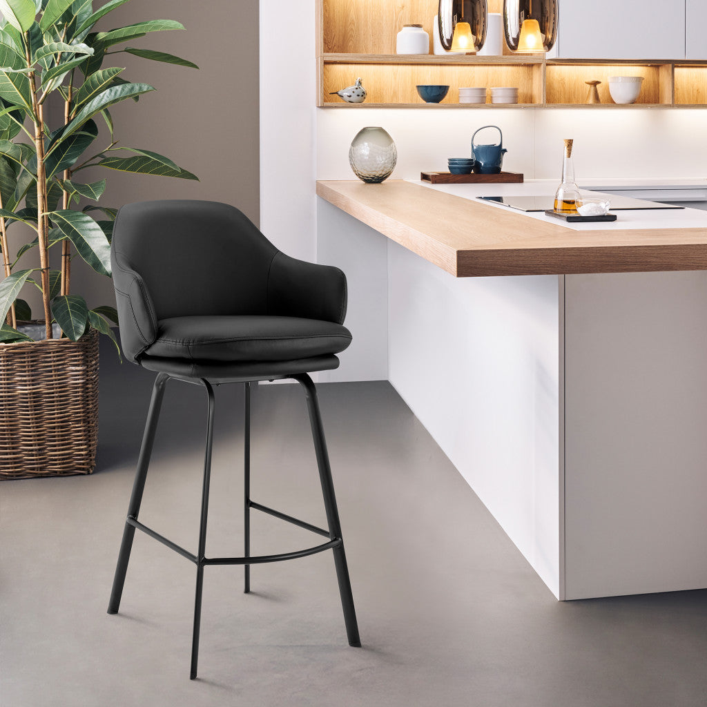 26" Black Faux Leather and Black Metal Swivel Counter Stool