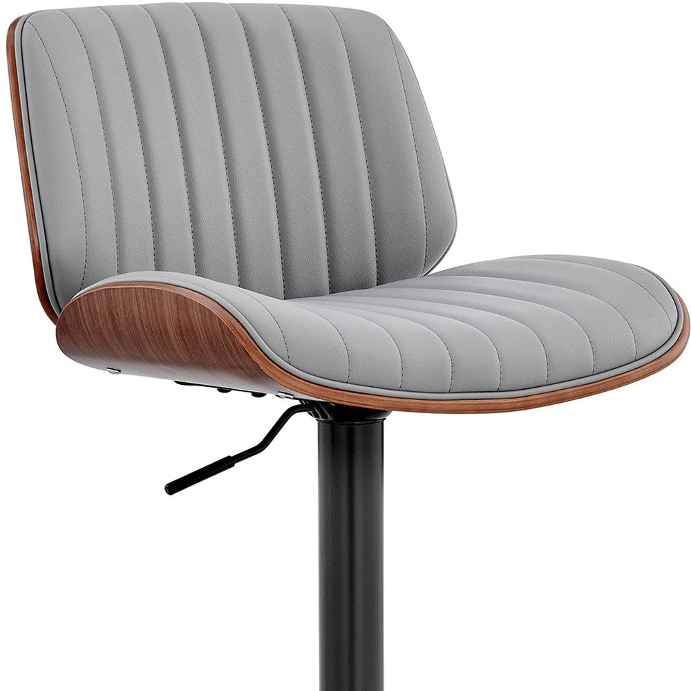 Adjustable Gray Faux Leather Black Steel and Walnut Bar Stool