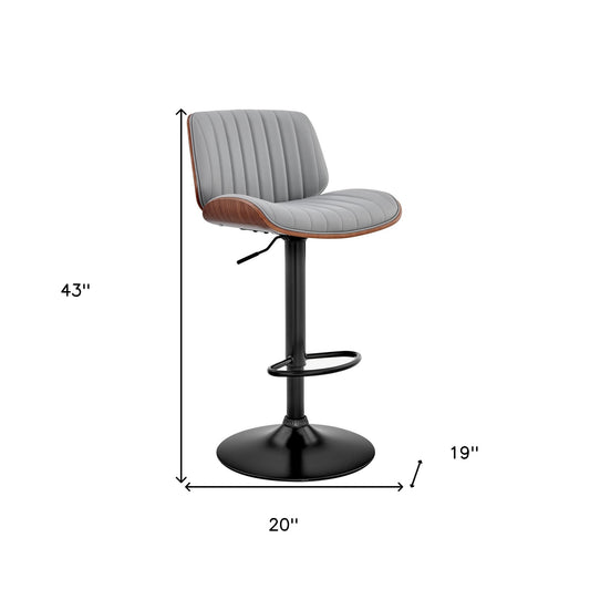 Adjustable Gray Faux Leather Black Steel and Walnut Bar Stool