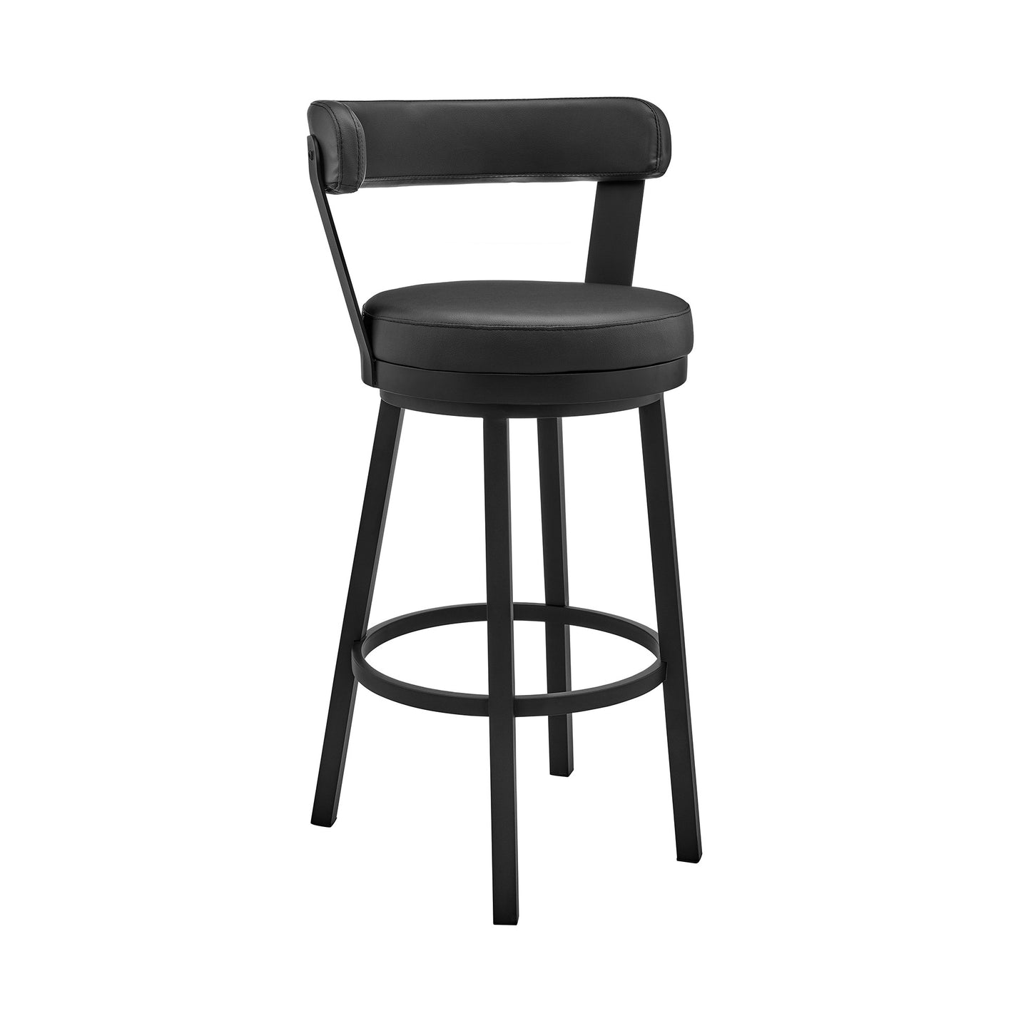 30" Black Faux Leather and Steel Swivel Low Back Bar Height Bar Chair with Footrest