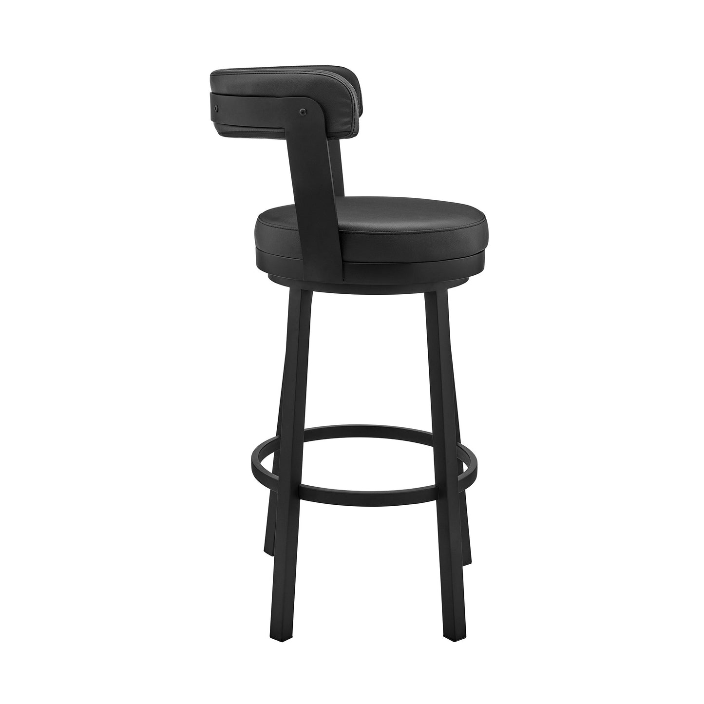 30" Black Faux Leather and Steel Swivel Low Back Bar Height Bar Chair with Footrest