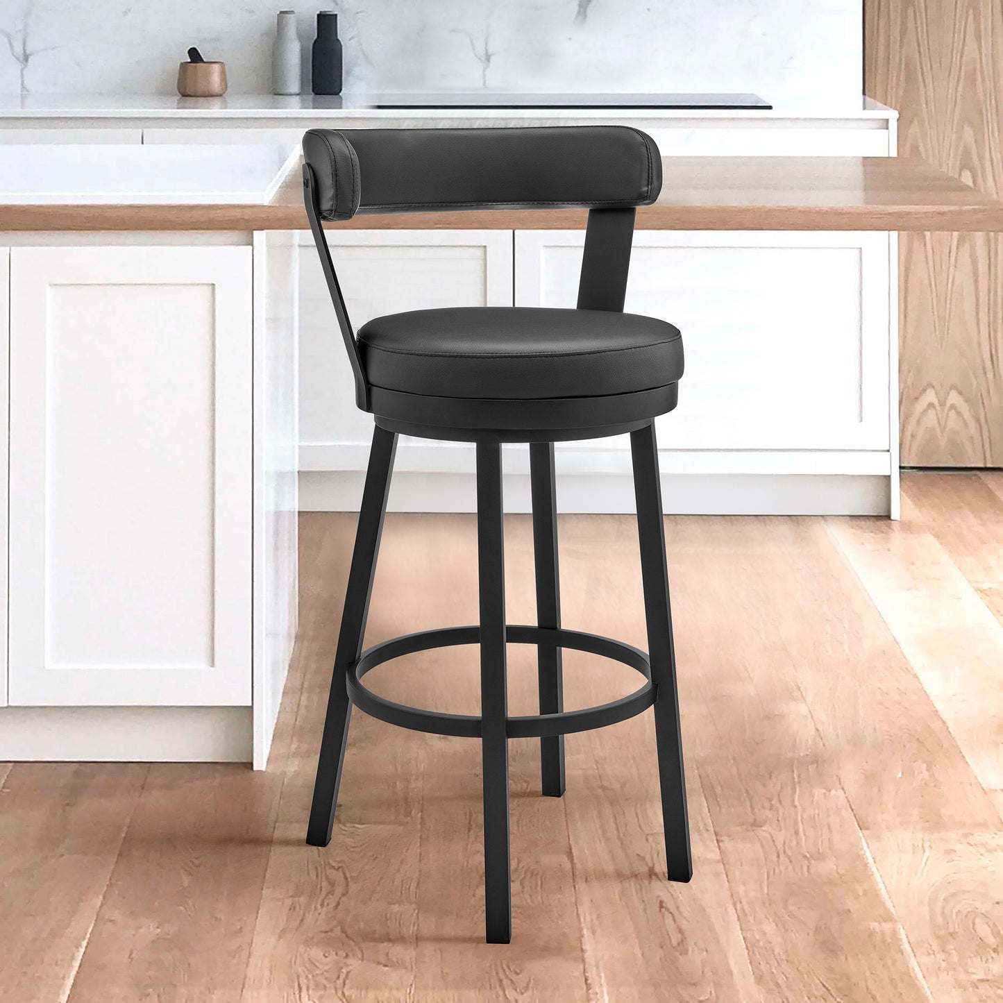 30" Black Faux Leather and Steel Swivel Low Back Bar Height Bar Chair with Footrest