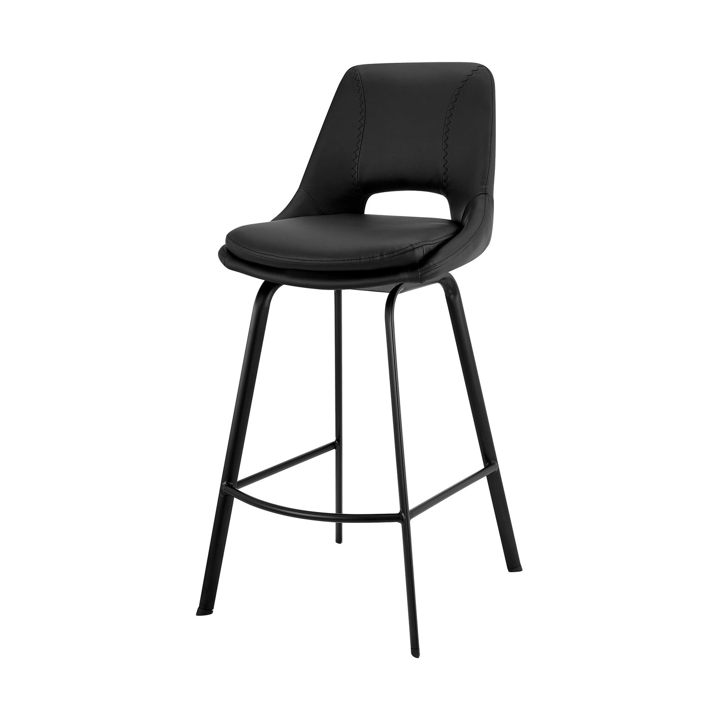 26" Elegant Black Faux Leather and Black Metal Armless Swivel Counter Stool