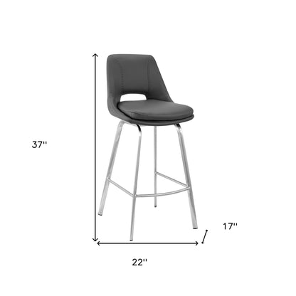 26" Elegant Grey Faux Leather Counter Stool with Stainless Steel Frame
