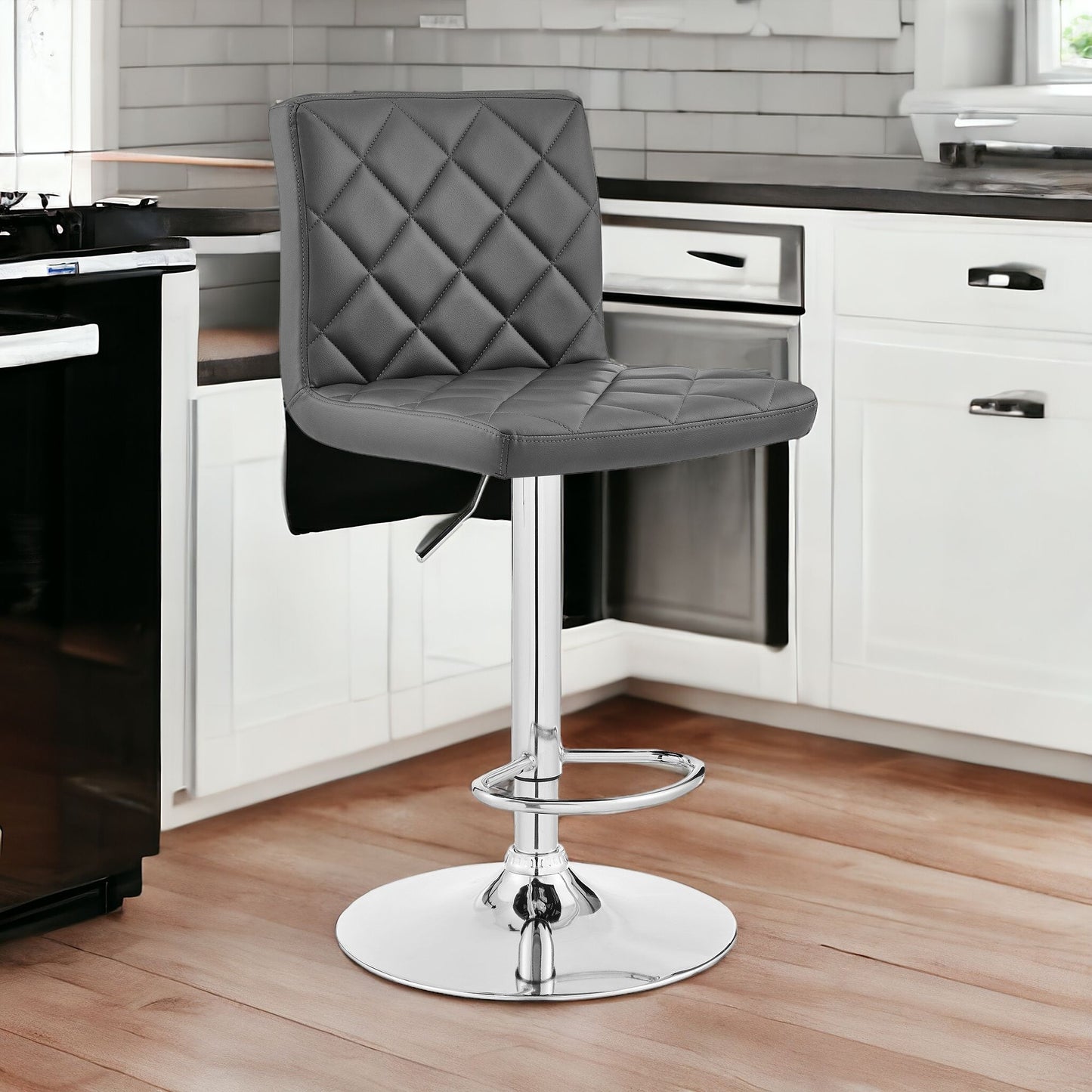 Gray Faux Leather Chrome Base Swivel Adjustable Bar Stool
