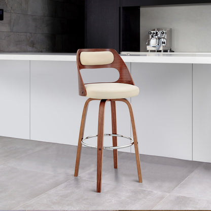 37" Cream Faux Leather And Manufactured Wood Swivel Counter Height Bar Chair