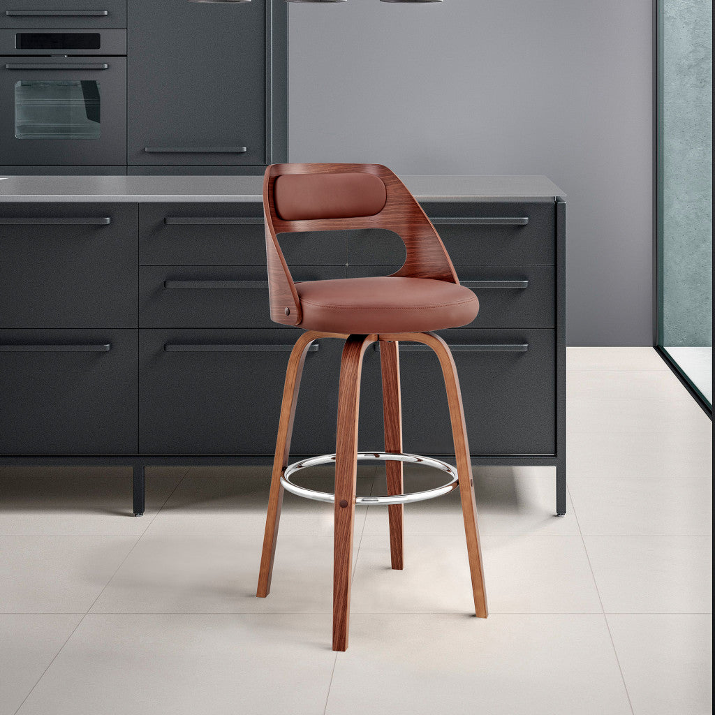 37" Brown Faux Leather And Manufactured Wood Swivel Counter Height Bar Chair