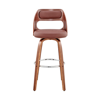 37" Brown Faux Leather And Manufactured Wood Swivel Counter Height Bar Chair