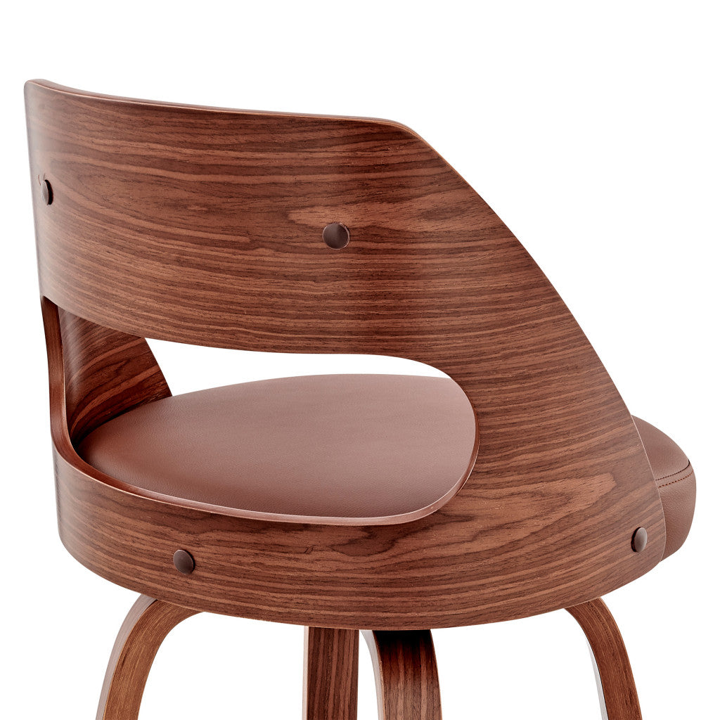 37" Brown Faux Leather And Manufactured Wood Swivel Counter Height Bar Chair