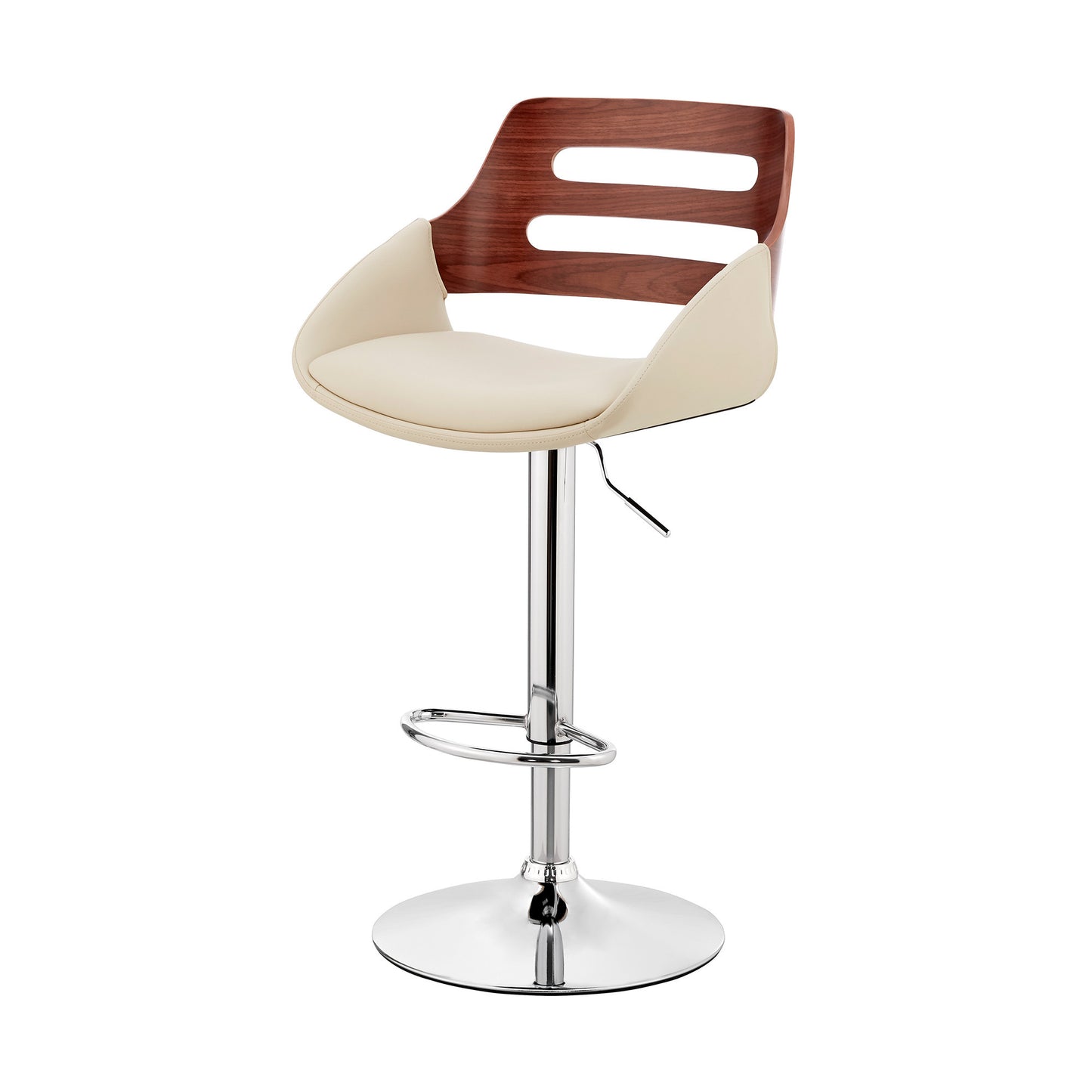 Cream Faux Leather and Walnut Wood Adjustable Bar Stool