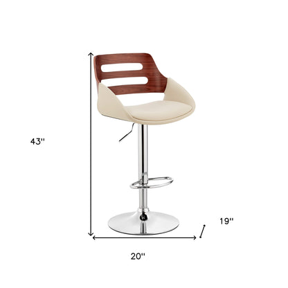 Cream Faux Leather and Walnut Wood Adjustable Bar Stool