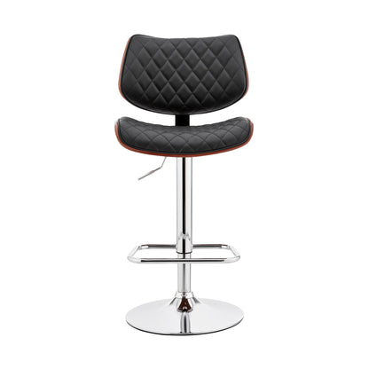 45" Black Faux Leather Walnut And Iron Swivel Adjustable Height Bar Chair