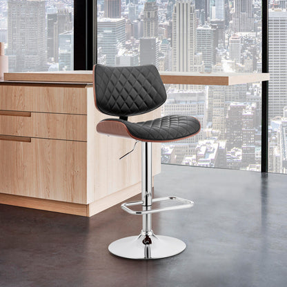 45" Black Faux Leather Walnut And Iron Swivel Adjustable Height Bar Chair
