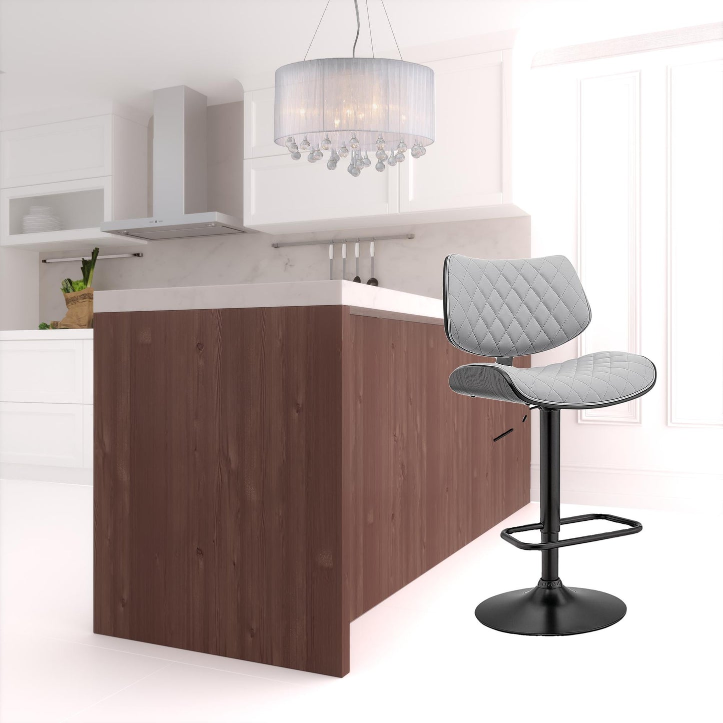 45" Gray Faux Leather And Iron Swivel Adjustable Height Bar Chair