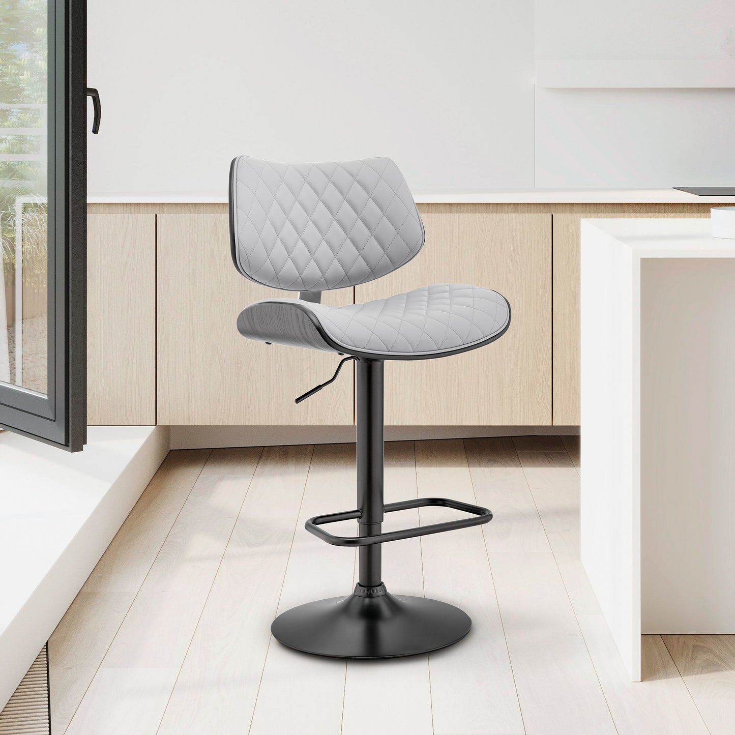 45" Gray Faux Leather And Iron Swivel Adjustable Height Bar Chair