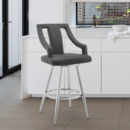 41" Gray Faux Leather And Iron Swivel Counter Height Bar Chair