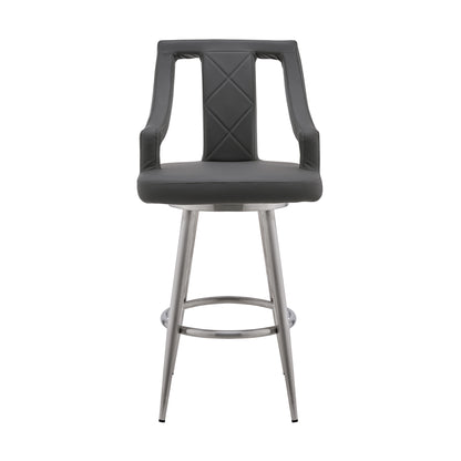 41" Gray Faux Leather And Iron Swivel Counter Height Bar Chair