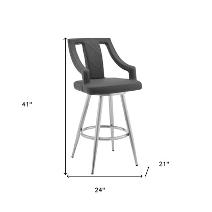 41" Gray Faux Leather And Iron Swivel Counter Height Bar Chair