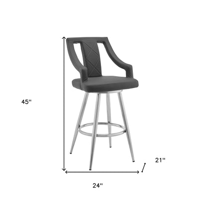 45" Gray Faux Leather And Iron Swivel Bar Height Chair
