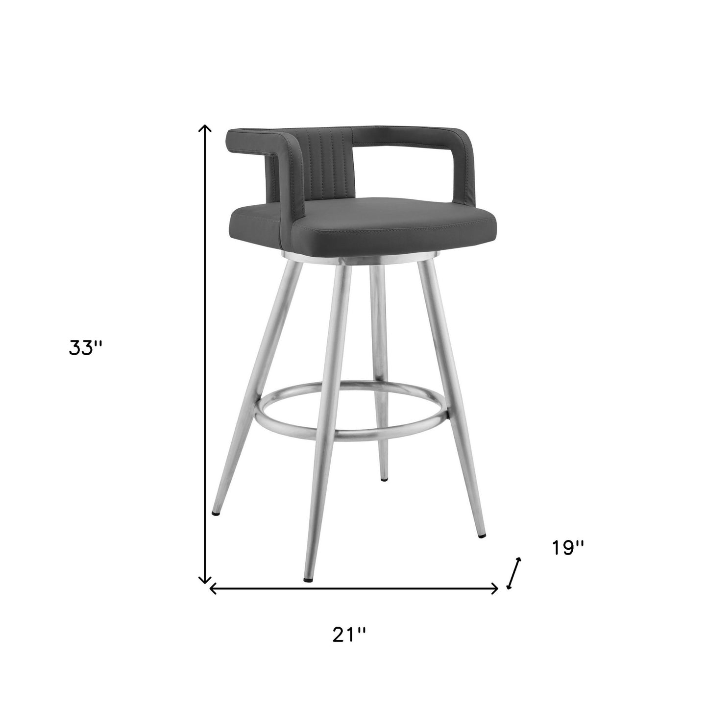 33" Gray Faux Leather And Iron Swivel Low Back Counter Height Bar Chair
