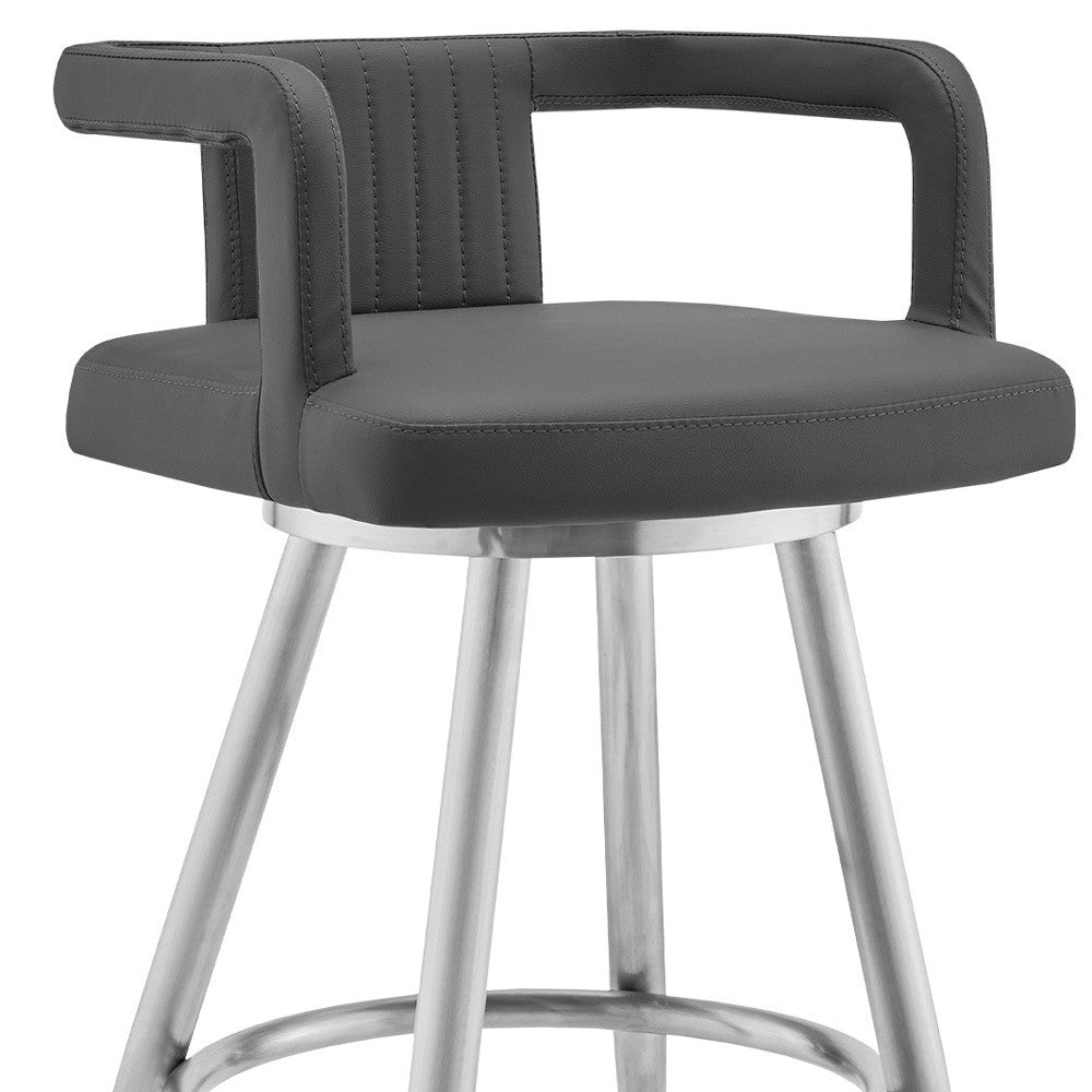 33" Gray Faux Leather And Iron Swivel Low Back Counter Height Bar Chair
