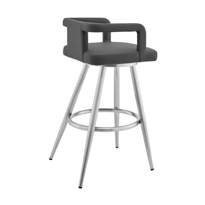 37" Gray Faux Leather And Iron Swivel Low Back Bar Height Chair