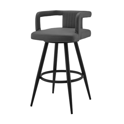 37" Gray Faux Leather And Iron Swivel Low Back Bar Height Chair