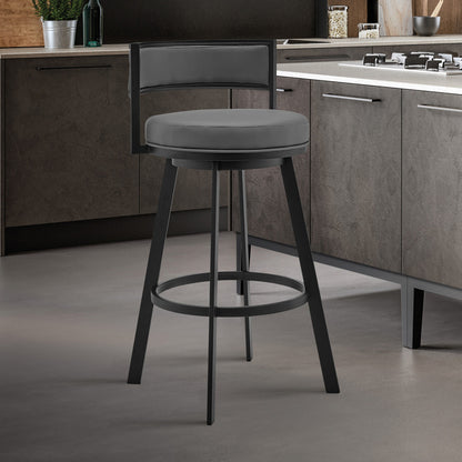 34" Gray And Black Faux Leather And Iron Swivel Low Back Counter Height Bar Chair With Footrest