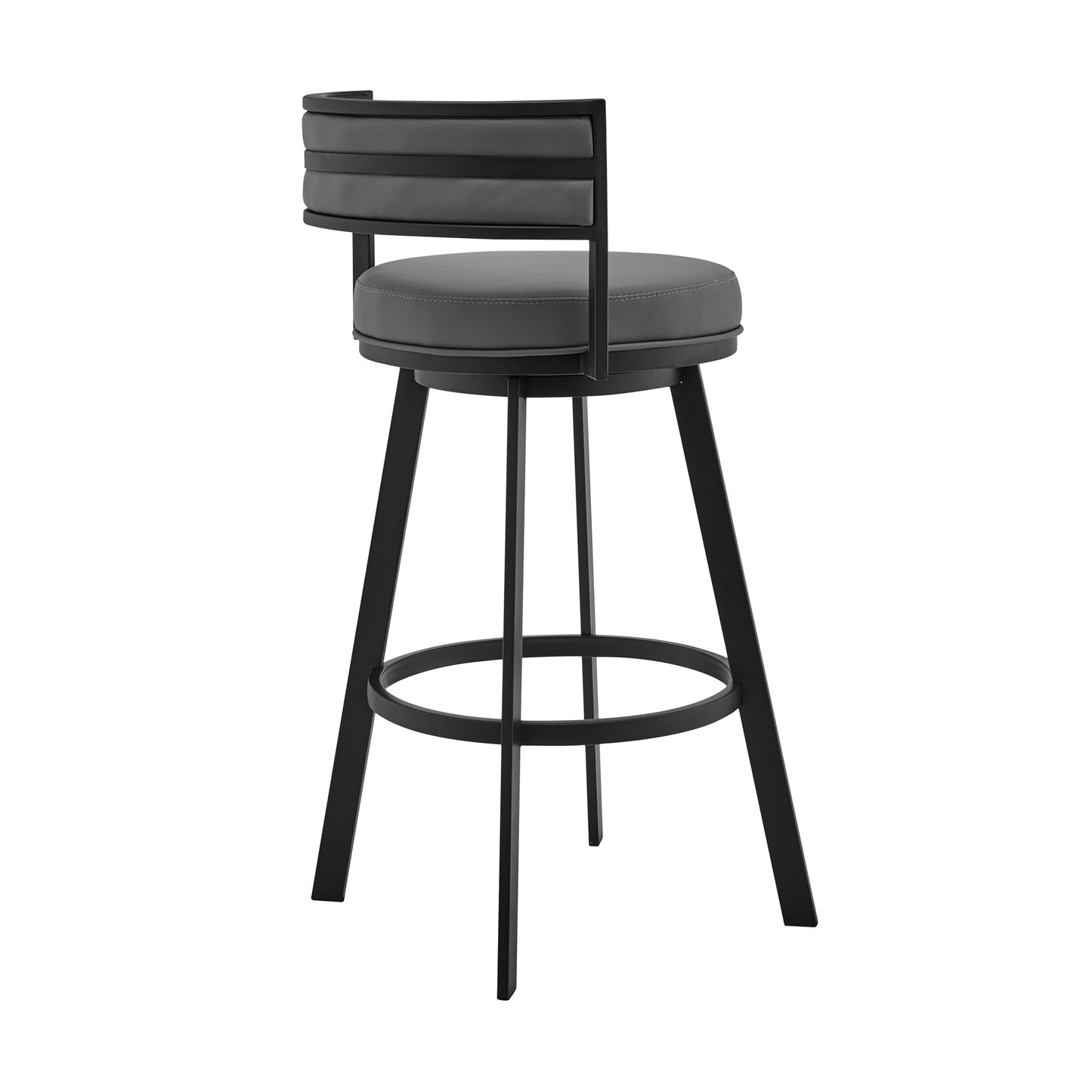 34" Gray And Black Faux Leather And Iron Swivel Low Back Counter Height Bar Chair With Footrest