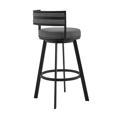 34" Gray And Black Faux Leather And Iron Swivel Low Back Counter Height Bar Chair With Footrest