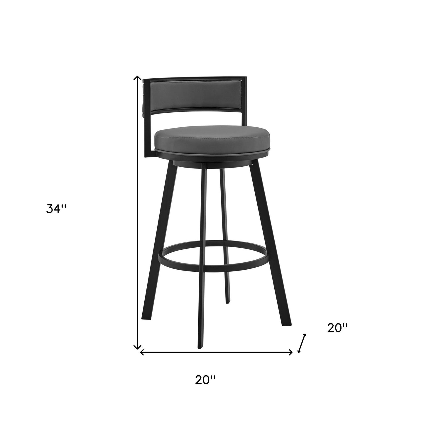 34" Gray And Black Faux Leather And Iron Swivel Low Back Counter Height Bar Chair With Footrest