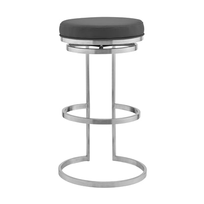 26" Gray Faux Leather And Iron Swivel Backless Counter Height Bar Chair
