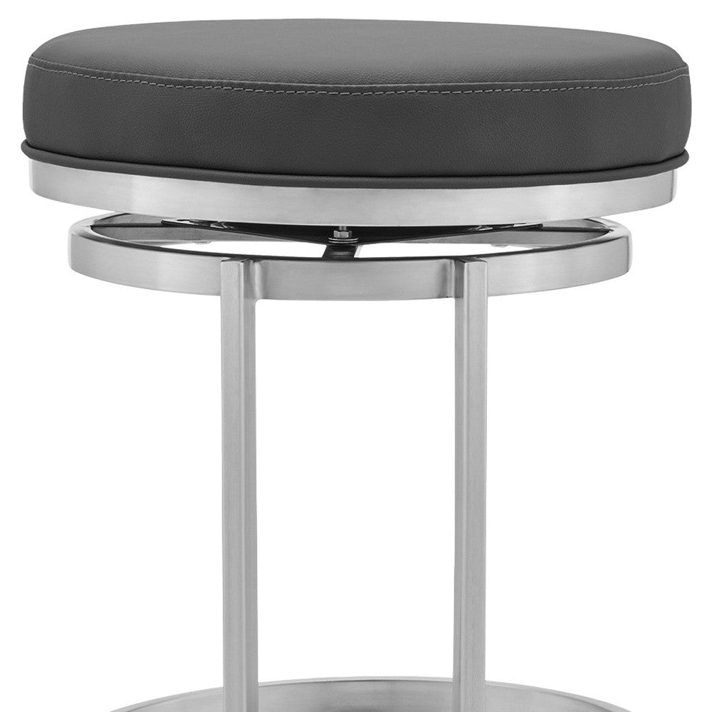 26" Gray Faux Leather And Iron Swivel Backless Counter Height Bar Chair