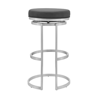30" Gray Faux Leather And Iron Swivel Backless Bar Height Chair