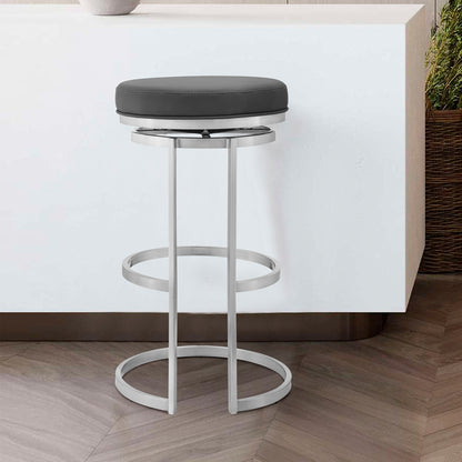 30" Gray Faux Leather And Iron Swivel Backless Bar Height Chair
