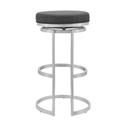 30" Gray Faux Leather And Iron Swivel Backless Bar Height Chair