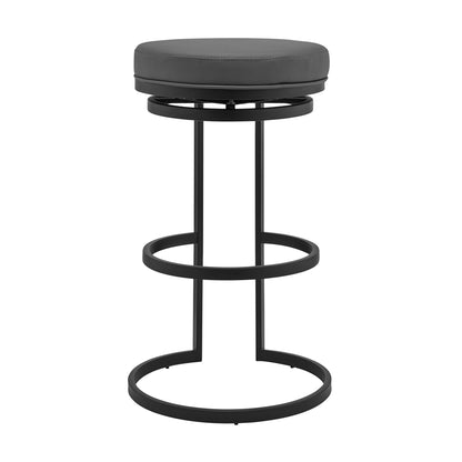 26" Gray and Black Faux Leather and Iron Swivel Backless Counter Height Bar Chair with Footrest