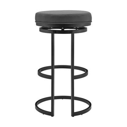 26" Gray and Black Faux Leather and Iron Swivel Backless Counter Height Bar Chair with Footrest
