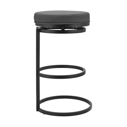 26" Gray and Black Faux Leather and Iron Swivel Backless Counter Height Bar Chair with Footrest