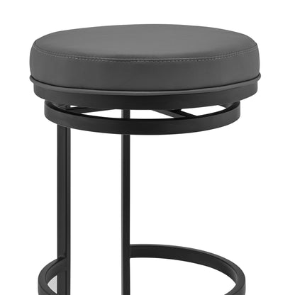 26" Gray and Black Faux Leather and Iron Swivel Backless Counter Height Bar Chair with Footrest
