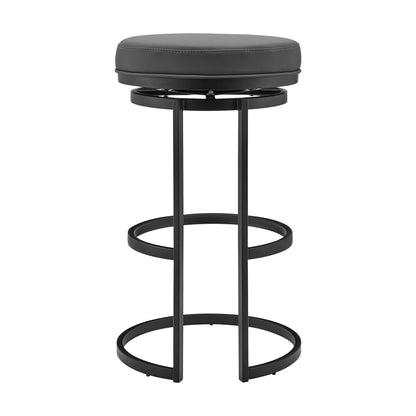 26" Gray and Black Faux Leather and Iron Swivel Backless Counter Height Bar Chair with Footrest