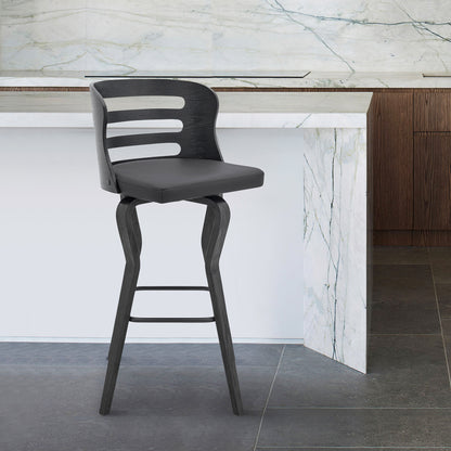 35" Gray Faux Leather And Iron Swivel Counter Height Bar Chair