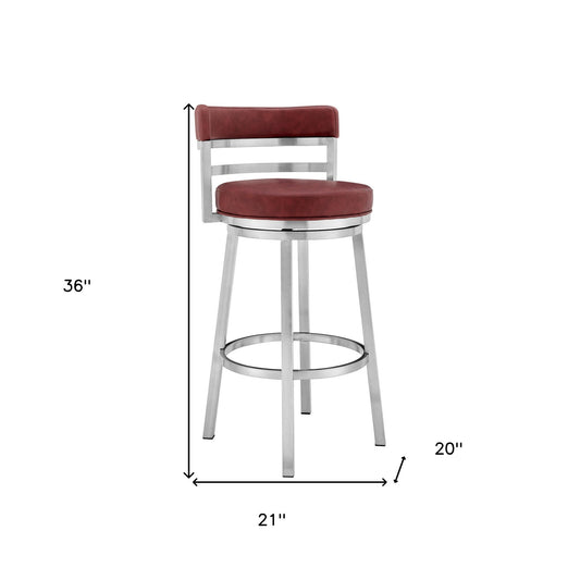36" Red And Silver Faux Leather And Iron Swivel Low Back Counter Height Bar Chair With Footrest