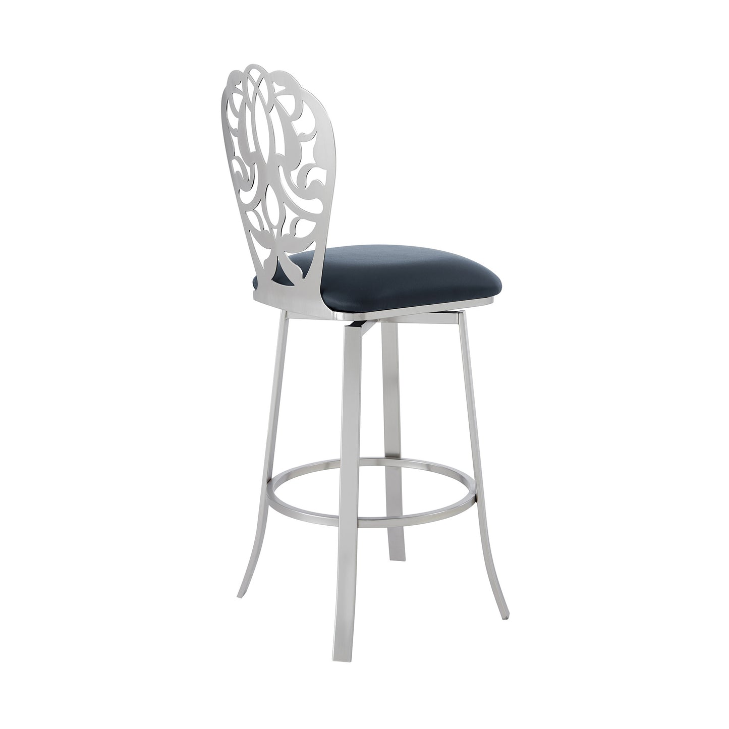 30" Grey Faux Leather Scroll Brushed Stainless Steel Swivel Bar Stool