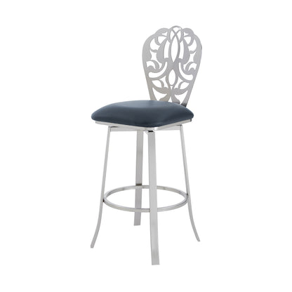 30" Grey Faux Leather Scroll Brushed Stainless Steel Swivel Bar Stool