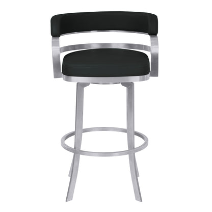 38" Black And Silver Faux Leather And Iron Swivel Low Back Bar Height Chair With Footrest